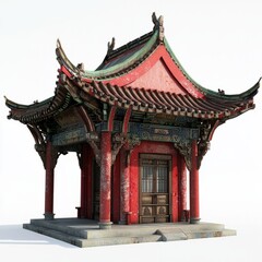 Obraz premium 3D Render of a Chinese temple with curved roofs and ornate eaves, on isolated white background
