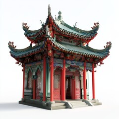 Obraz premium 3D Render of a Chinese temple with curved roofs and ornate eaves, on isolated white background
