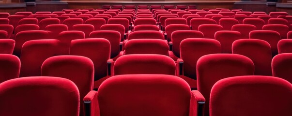 Obraz premium A captivating view of empty red theater seats arranged in neat rows, ideal for showcasing cinema or performance art settings.