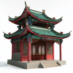 Fototapeta premium 3D Render of a Chinese temple with curved roofs and ornate eaves, on isolated white background