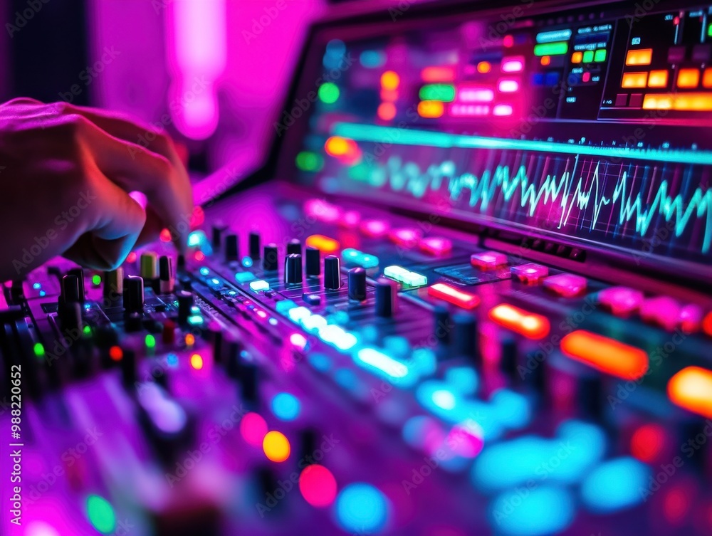 Poster a close-up of a hand adjusting audio controls on a vibrant mixing console, highlighting colorful lig