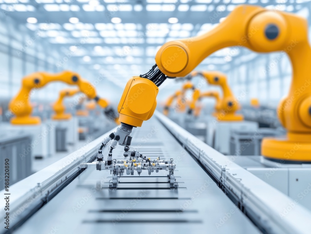 Poster a close-up of an industrial robotic arm working on an assembly line, showcasing advanced automation 