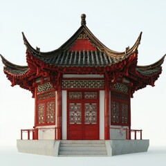 Obraz premium 3D Render of a Chinese temple with delicate lattice windows, on isolated white background