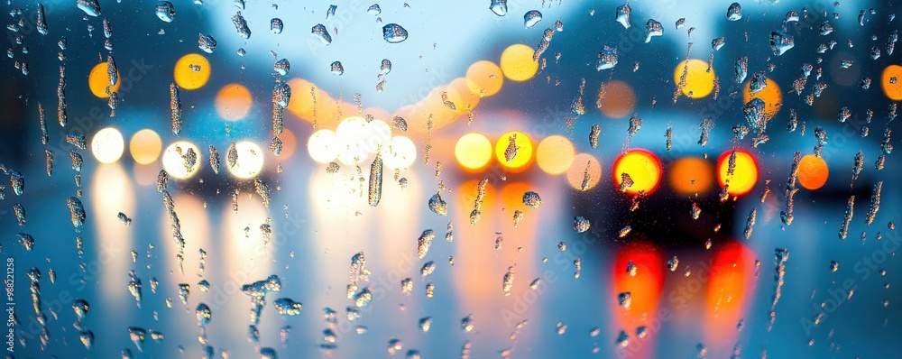 Poster a close-up view of raindrops on a window, with blurred city lights creating a vibrant bokeh effect i