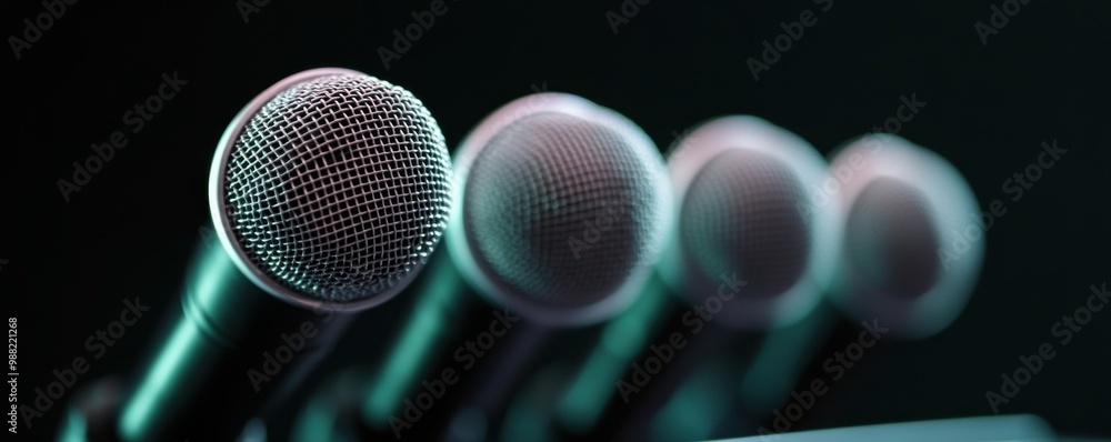Poster a close-up view of multiple microphones arranged in a row with dramatic lighting, ideal for events, 