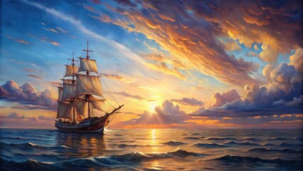 Fototapeta premium Oil painted ship sailing through calm sea at sunset, ship, sea, sunset, oil painting, water, waves, golden hour, evening