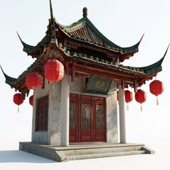 3D Render of a Chinese temple with hanging red lanterns, on isolated white background