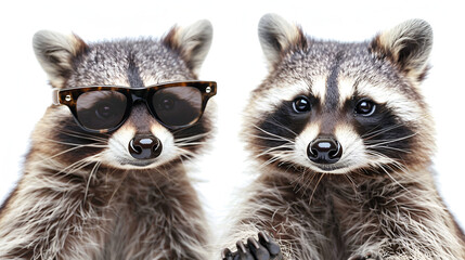 Fototapeta premium Curious raccoons posing together in a fun and adorable setting, perfect wildlife photography of raccoon siblings, ideal for forest animal lovers and outdoor nature enthusiasts