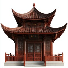 Obraz premium 3D Render of a Chinese temple with intricate wooden carvings, on isolated white background
