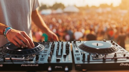 A DJ performs at a vibrant music festival, mixing tracks as the sunset casts a warm glow over an enthusiastic crowd.