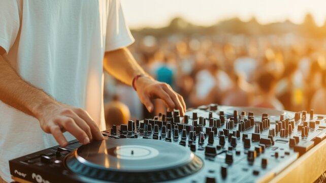 A DJ performs at a vibrant outdoor festival, mixing music as the sun sets over an enthusiastic crowd.