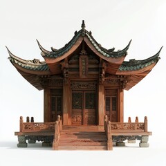 3D Render of a Chinese temple with intricate wooden carvings, on isolated white background