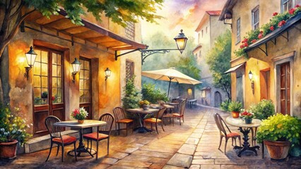 Obraz premium Charming watercolor of a cozy cafe street scene , watercolor, cafe, street, charming,city, outdoor, architecture, building, sidewalk