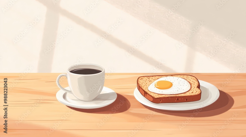 Aufkleber breakfast scene with a fried egg on wholegrain toast and a cup of coffee, set on a wooden table with