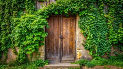 Old weathered wooden door overgrown with lush green plants , vintage, entrance, foliage, rustic, aged, botanical, garden, doorway