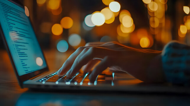 Soft Focus of Hands Typing on Laptop at Night