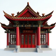 Obraz premium 3D Render of a Chinese temple with red pillars and golden decorations, on isolated white background