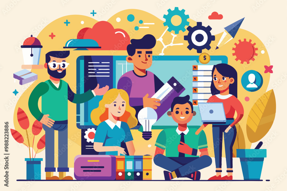 Poster a diverse team engages in brainstorming sessions, using laptops and sketches to foster creativity in