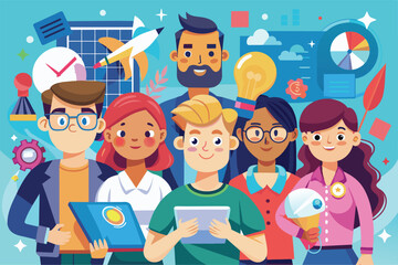 A cartoon illustration depicts a diverse creative team engaging in collaborative efforts, showcasing their innovative ideas and teamwork within a modern office setting.