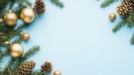 Festive Christmas Background with Golden Baubles, Pine Cones, and Fir Branches on Light Blue Surface, Top View with Copy Space for Text