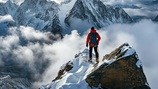 Climber reaches breathtaking summit among snow-capped peaks in the rugged mountains at sunrise