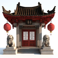3D Render of a Chinese temple with stone lion statues guarding the entrance, on isolated white background