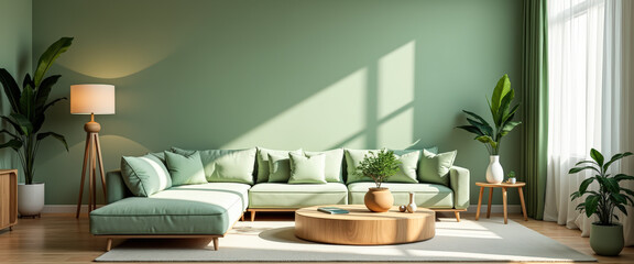 Modern Living Room with Green Sofa and Natural Light