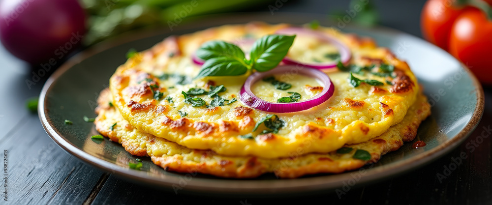 Poster close up of a cheesy flatbread with red onion and basil