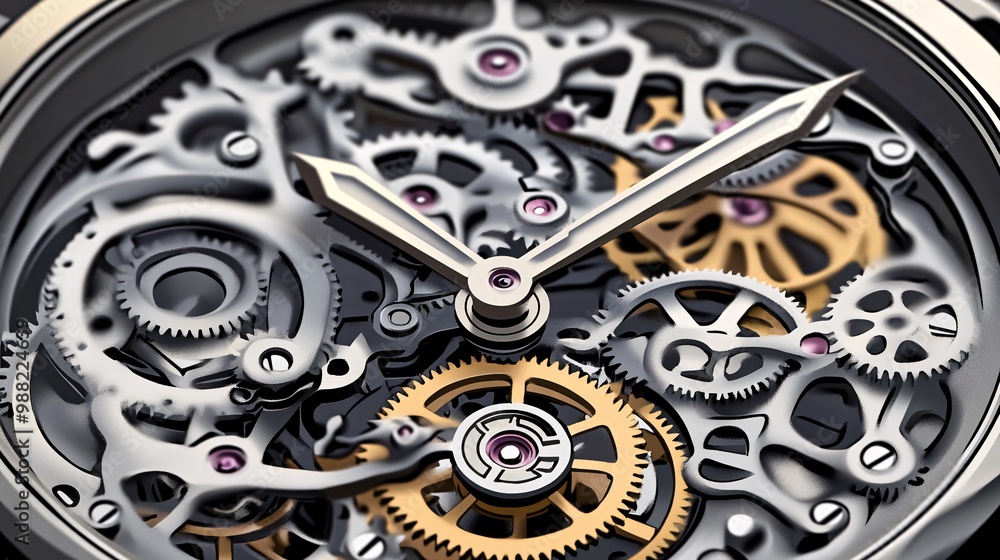 Poster a close-up of a skeletonized watch face with intricate gears and mechanisms.