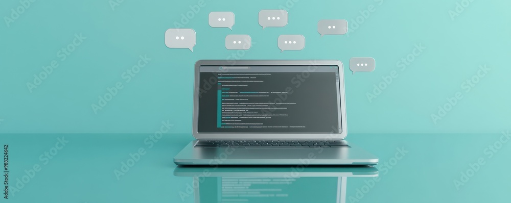 Poster a modern laptop displaying coding on a sleek surface, surrounded by speech bubbles, representing tec