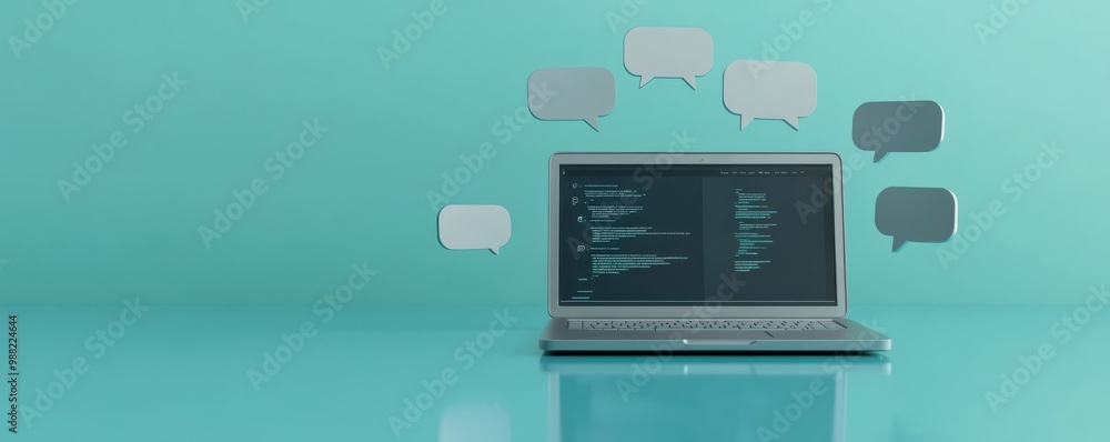Poster a modern laptop displaying code on a sleek surface, surrounded by message bubbles to illustrate digi