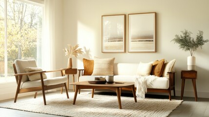 A modern living room featuring elegant furniture, warm tones, and natural light for a cozy and inviting atmosphere.
