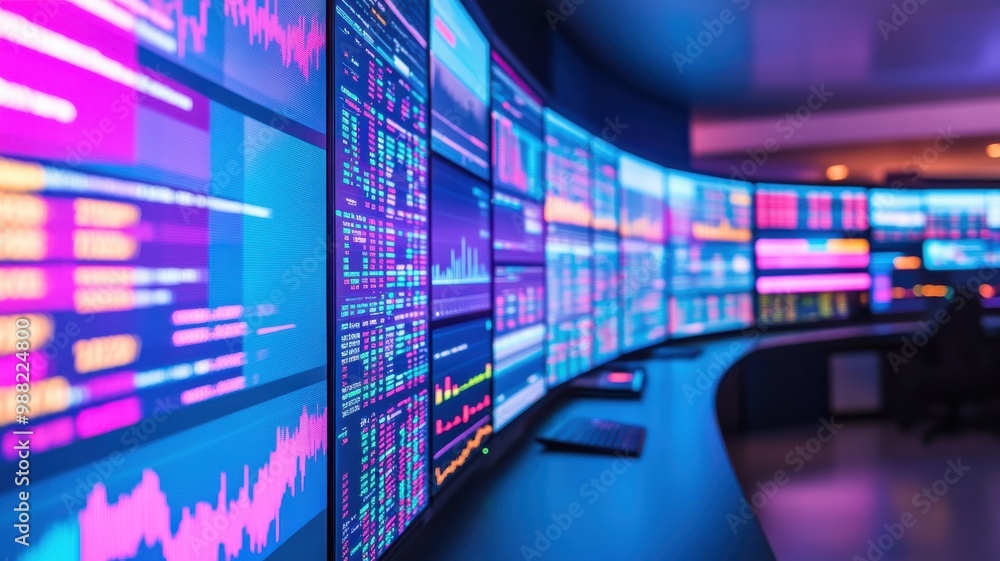 Poster a modern trading environment featuring multiple screens displaying financial data, illuminated with 