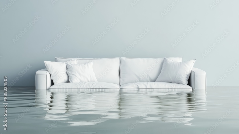 Poster a modern white couch partially submerged in calm water, creating a serene yet surreal atmosphere in 