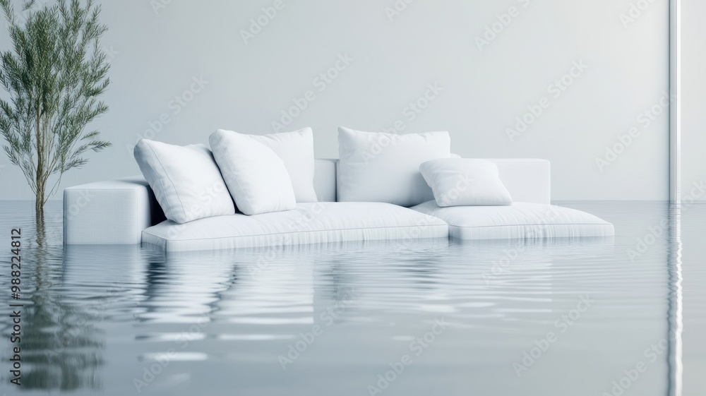 Poster A modern white sofa partially submerged in calm water, creating a serene and surreal atmosphere with minimalistic design.