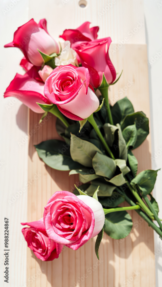 Poster Pink roses on wooden background