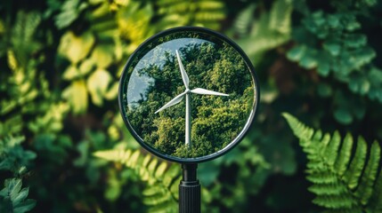 A renewable energy plant viewed through a magnifying glass, set against a backdrop of lush greenery, representing CO2 reduction and clean energy innovation.
