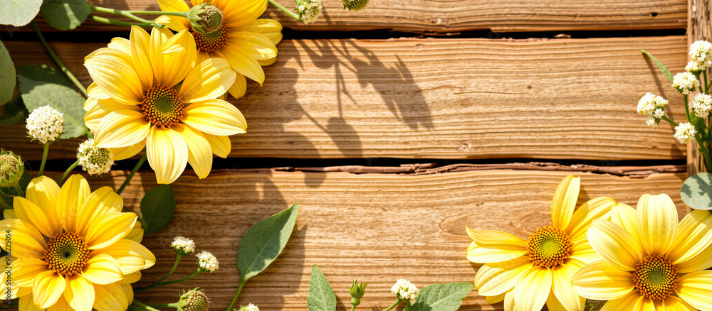 Sticker Yellow Flowers on a Wooden Background