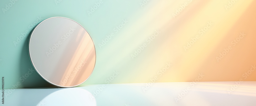 Poster minimalist studio with a round mirror and light rays