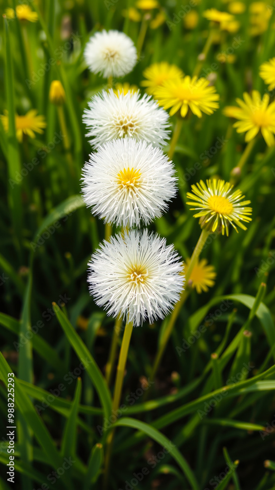 Poster White Dandelion Blooms in a Field of Yellow Flowers