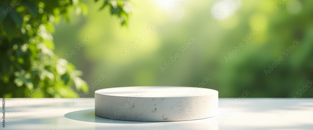 Poster white round podium on a white table with green bokeh background