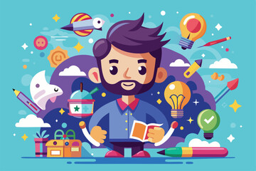 Naklejka premium A young man holds a book while surrounded by colorful icons symbolizing creativity and innovation in a vibrant artistic environment.