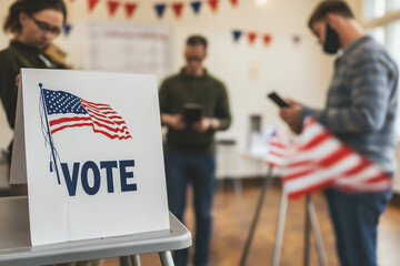 A "VOTE" sign with the American flag, people in a voting booth