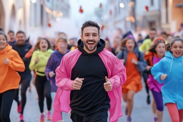 Running with Passion: A man in a pink jacket leads a colorful crowd of runners down a city street, radiating energy and determination.  A vibrant snapshot of community spirit and the joy of movement.
