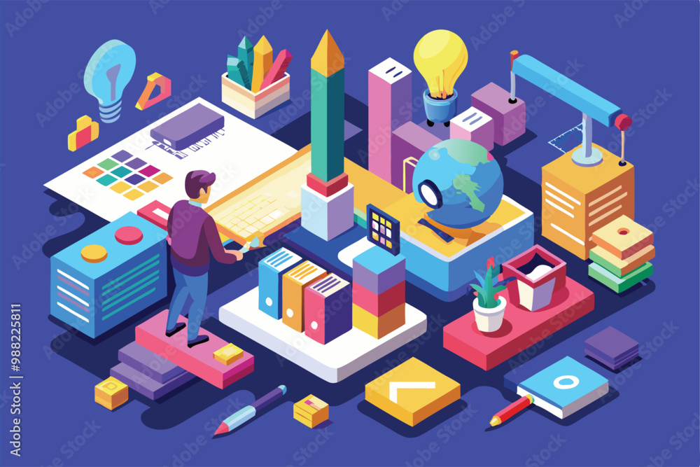 Poster a person interacts with customizable design tools in a vibrant workspace filled with various creativ