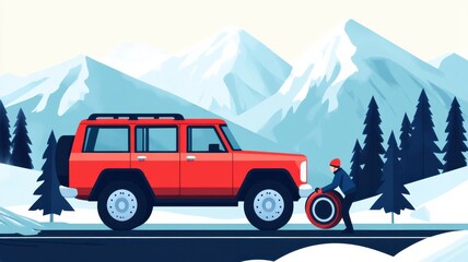 A red SUV in a snowy landscape with a person changing a tire against a backdrop of mountains and evergreen trees.