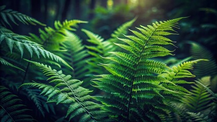 Fototapeta premium Close-up photo of lush ferns and greenery in a dark forest setting, ferns, greenery, forest, texture, close-up, plant