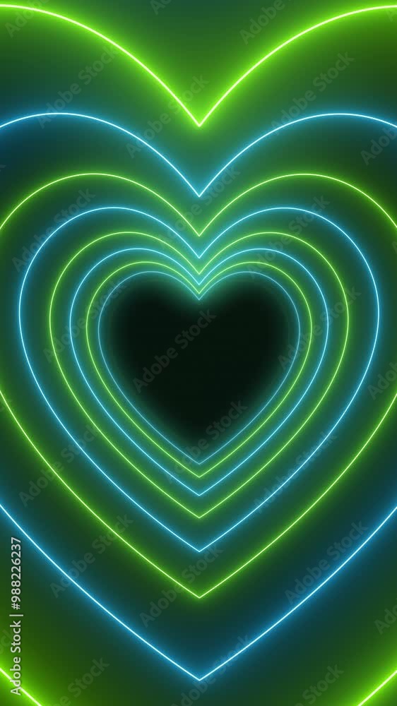 Aufkleber vertical video animation of many hearts in neon green and blue on dark background - abstract backgro
