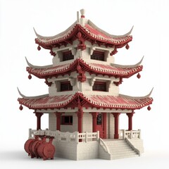 Fototapeta premium 3D Render of a Chinese temple with traditional drum and bell towers, on isolated white background