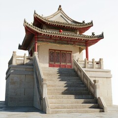 Fototapeta premium 3D Render of a Chinese temple with stone steps leading up to the main hall, on isolated white background